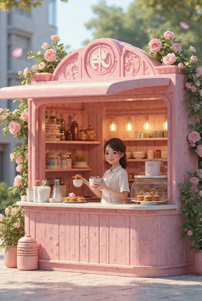 create me a coffee shop image name is "Sweet Blend" its like in kiosk, for advertisement . the theme is pink