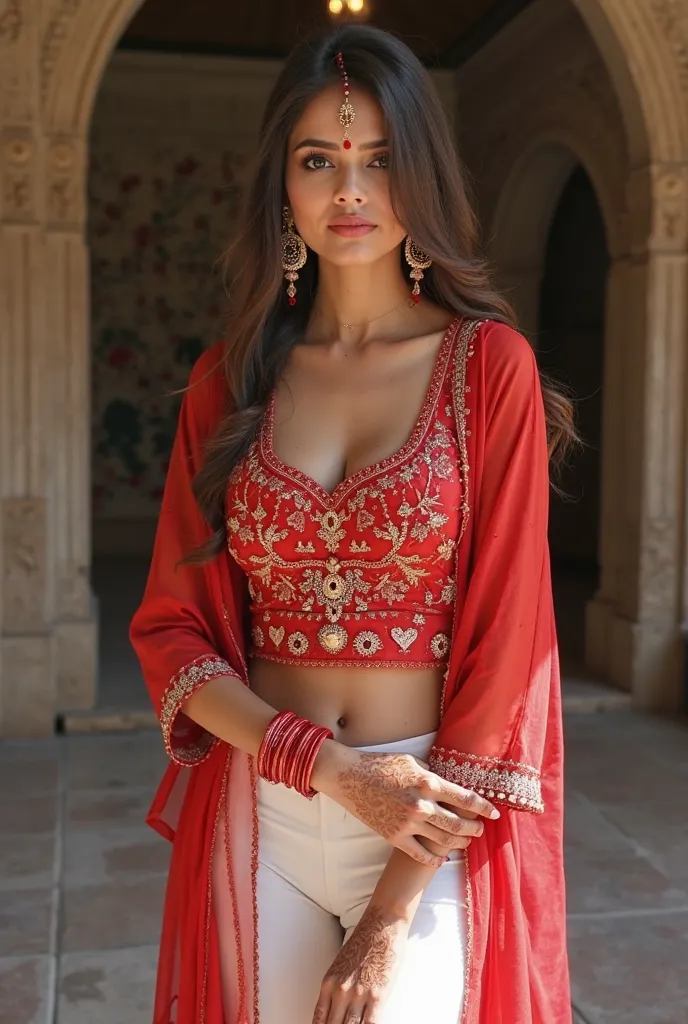 red thin low neck tyt short and kurti me hu, side slits kafi high hai, low waist thin white tyt leggings hai, side se sxy shappy glowing waist dikh rahi hai kurti k slits se mang me sindoor, cute bindi on forehead, glowing mahendi on hands n legs, red bang...