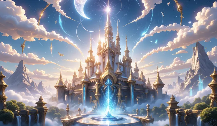 A magnificent castle stands in the center of a fantasy world, surrounded by a bright blue sky with glowing golden clouds. Rivers of light flow through the air, connecting towering spires adorned with shimmering magical crystals. Arcane energy pulses around...