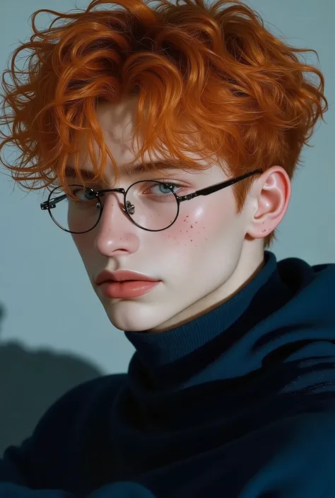 A handsome young man with short orange hair, blue eyes and freckles, wearing black glasses with transparent lenses and a deep azure blue sweater covering his neck, his features are close. messy afro curly hair