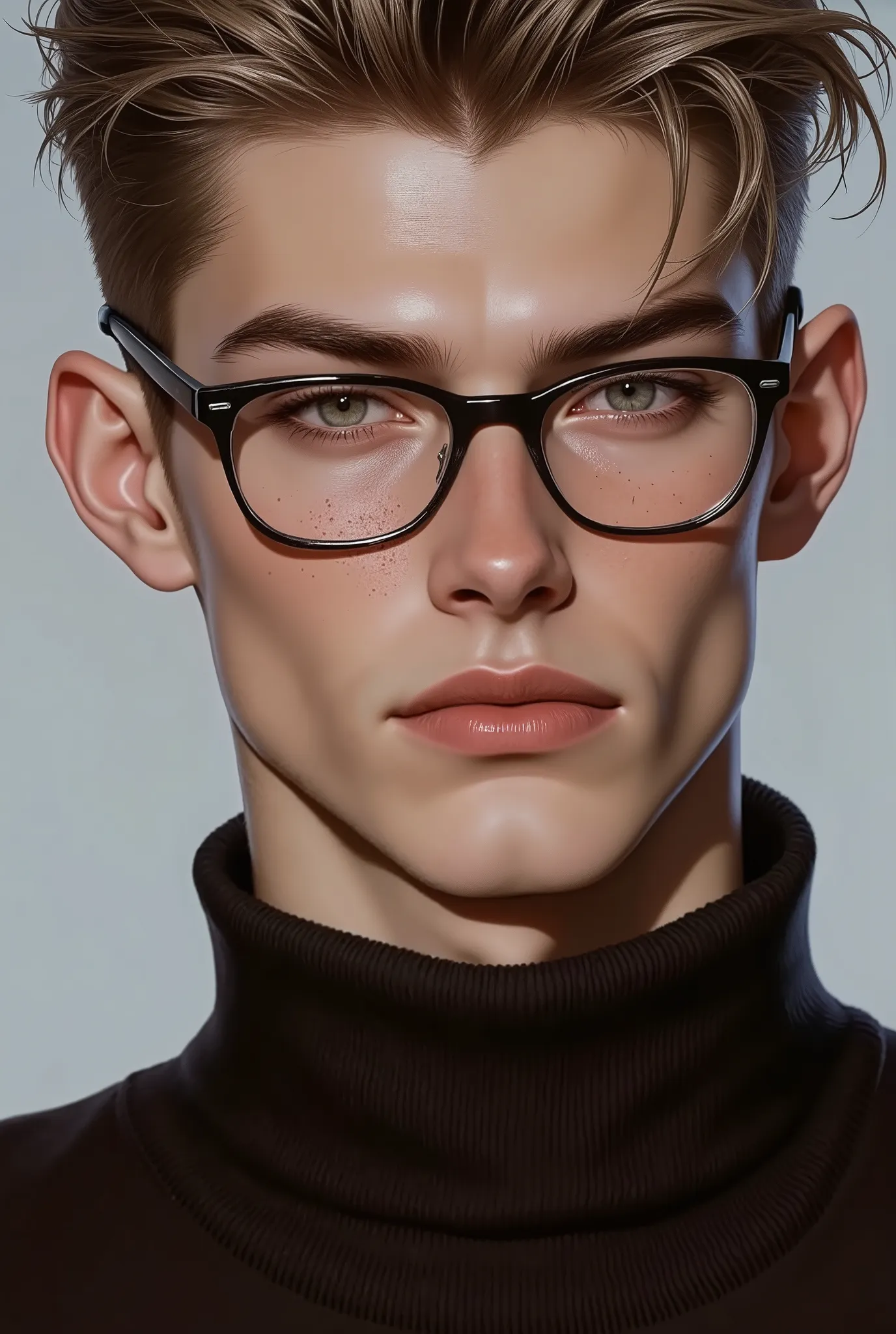 A handsome young man with short Textured Crop, Ash Blonde hair, blue eyes and freckles, wearing black glasses with transparent lenses and a dark brown sweater covering his neck, his features are close. bun hair