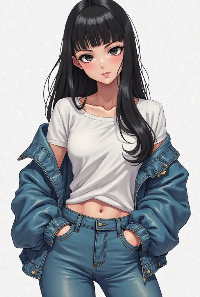 Anime girl Dragon Ball Z long black hair straight dark black eyes dressed in blue jeans and a white t-shirt tucked inside her pants and a blue jean jacket 
