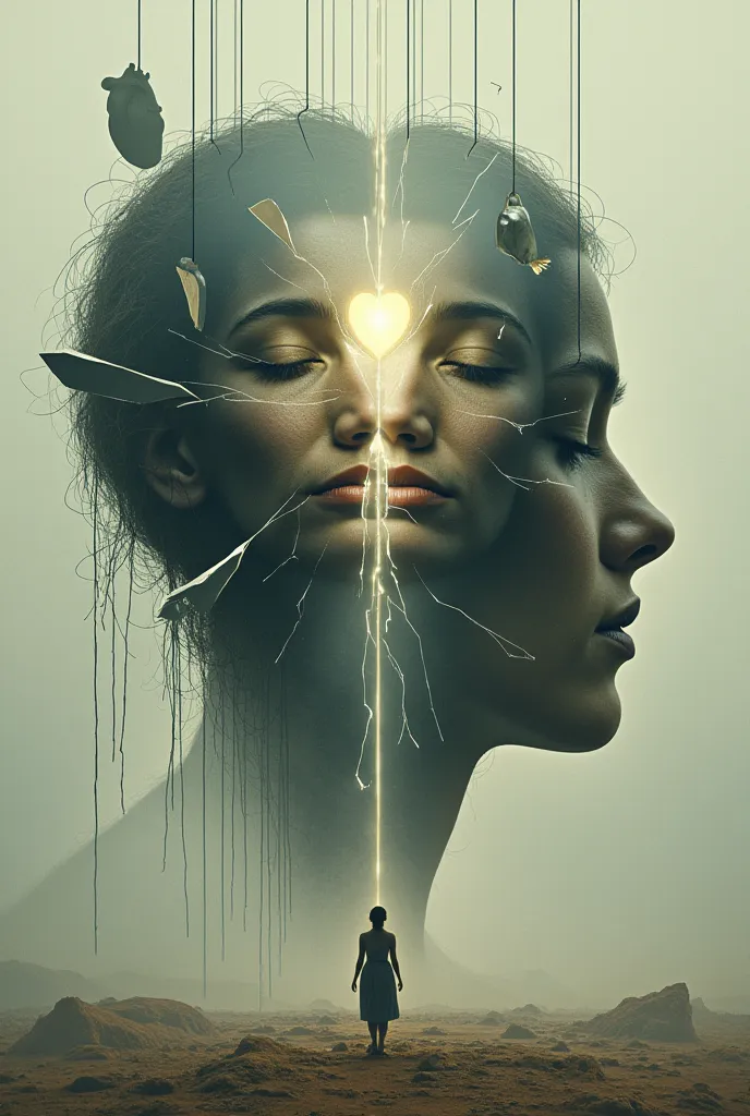 The Mirror of Souls
"A fractured mirror floats in a dark void, each shard reflecting a different version of the same person: one laughing, one weeping, one shrouded in shadows, and one glowing with light. Behind the mirror, a labyrinth of threads connects ...