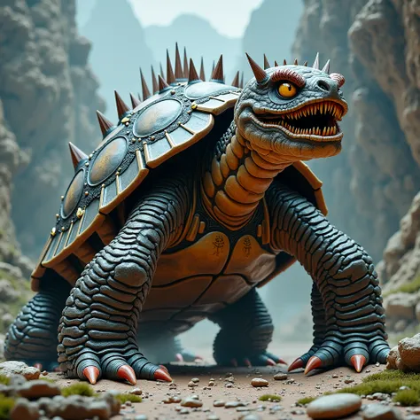 a monster turtle, dragon like, spikes on shell, dnd style. photorealism, mighty, 4k