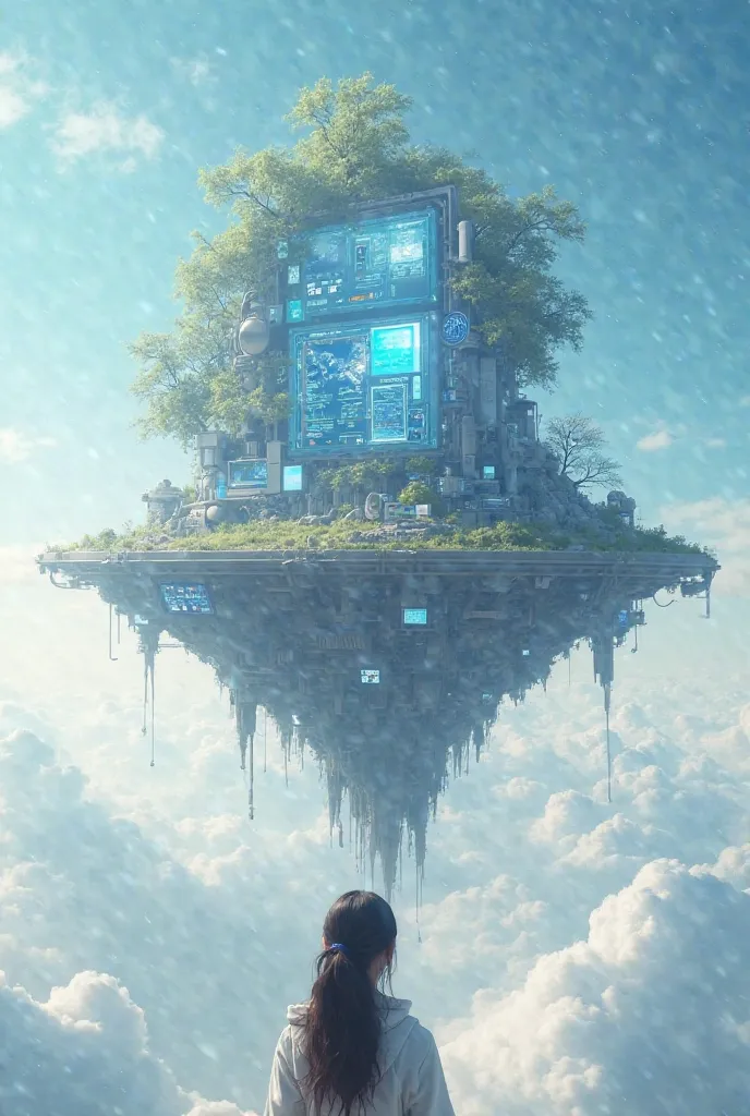 Draw a sky island with a blunt bottom full of screen, Picture a young woman sticking out of a window that looks like a sky stop and looking at Sky Island in the lower left corner