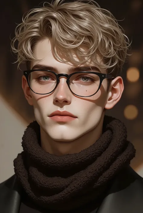 A handsome young man with short Textured Crop, Ash Blonde hair, blue eyes and freckles, wearing black glasses with transparent lenses and a dark brown sweater covering his neck, his features are close. bun hair