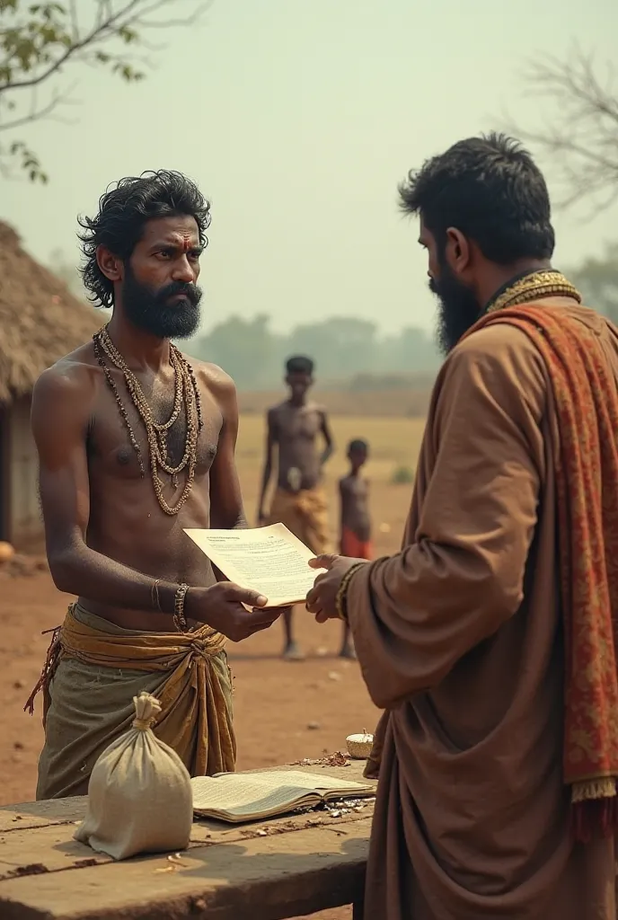 A poor farmer named Ramu is seen standing in front of a rich landlord, handing over a document (land deed) with a sad expression. Ramu is dressed in simple, worn-out traditional clothes, while the landlord, wearing luxurious attire and gold jewelry, smirks...