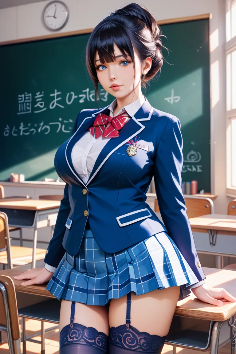 masterpiece, best quality , illustration of a woman with a penis , very well detailed, details, High Resolution, 8k, wallpaper, perfect dynamic composition,( detailsで高品質,  realistic eye depiction :1.3), High School Classroom 、High school girl uniform、 blaz...