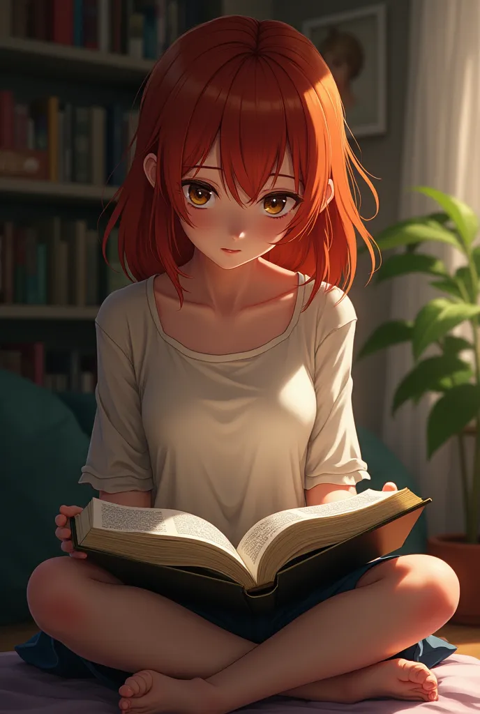 A  girl with red hair and brown eyes is sitting with a book in her corner 