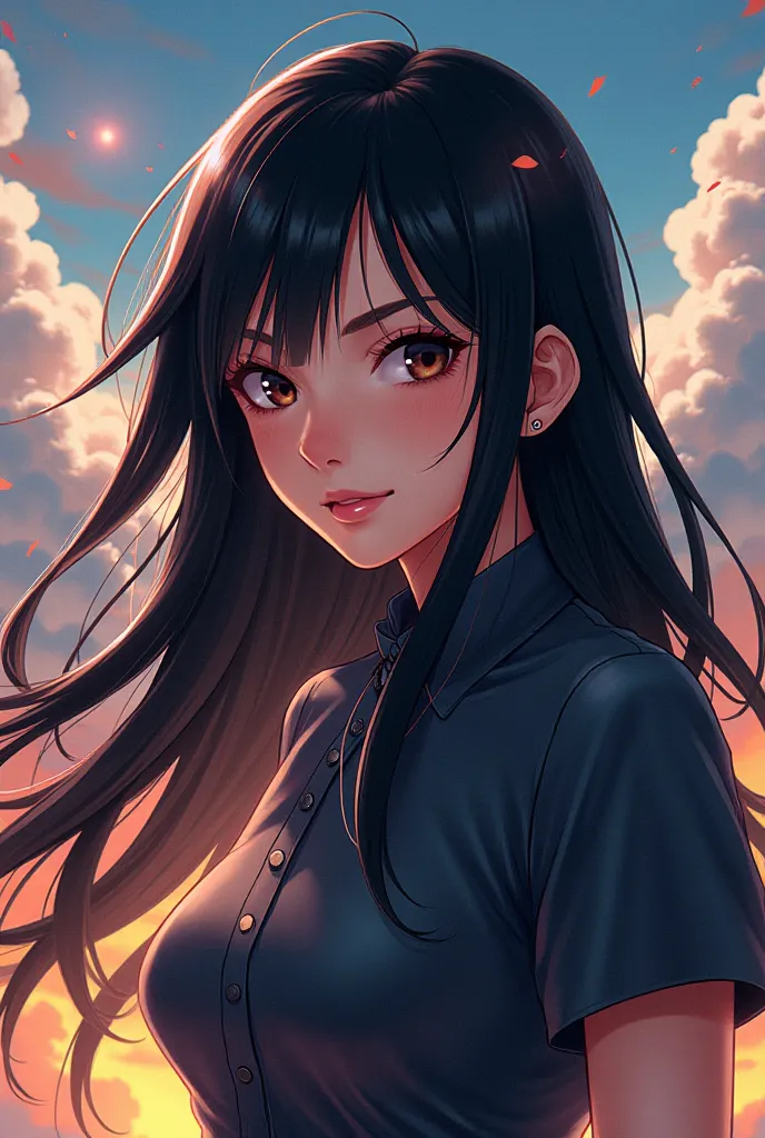 Anime girl Dragon Ball Z long black hair straight dark black eyes dressed 
