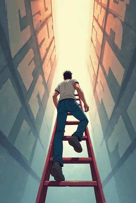 Draw an animation of a man climbing a ladder to reach something that is up there surrounded by the word failure around him