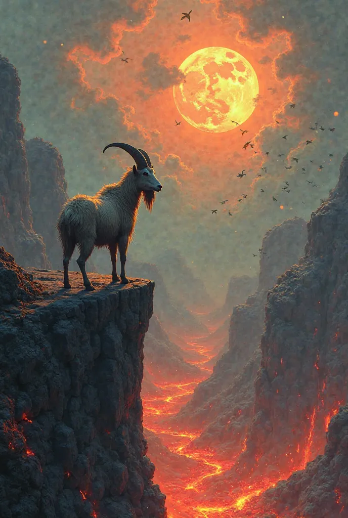 A goat is standing on a wall and at the bottom all the earth is full of lava. In the sky, the sun is huge and burning, and next to it is a very big moon and millions of birds are flying everywhere