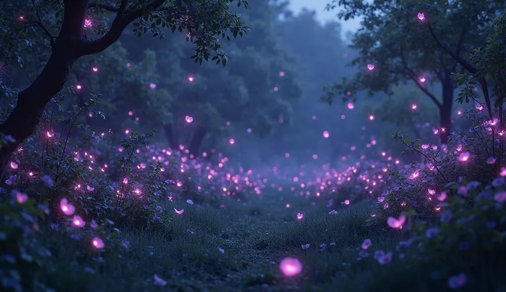 Visualize a midnight garden where glowing, ethereal petals fall slowly from black and violet flowers. The petals shimmer with a soft, magical light as they fall into the dark grass below, giving the scene a mysterious, otherworldly feeling.