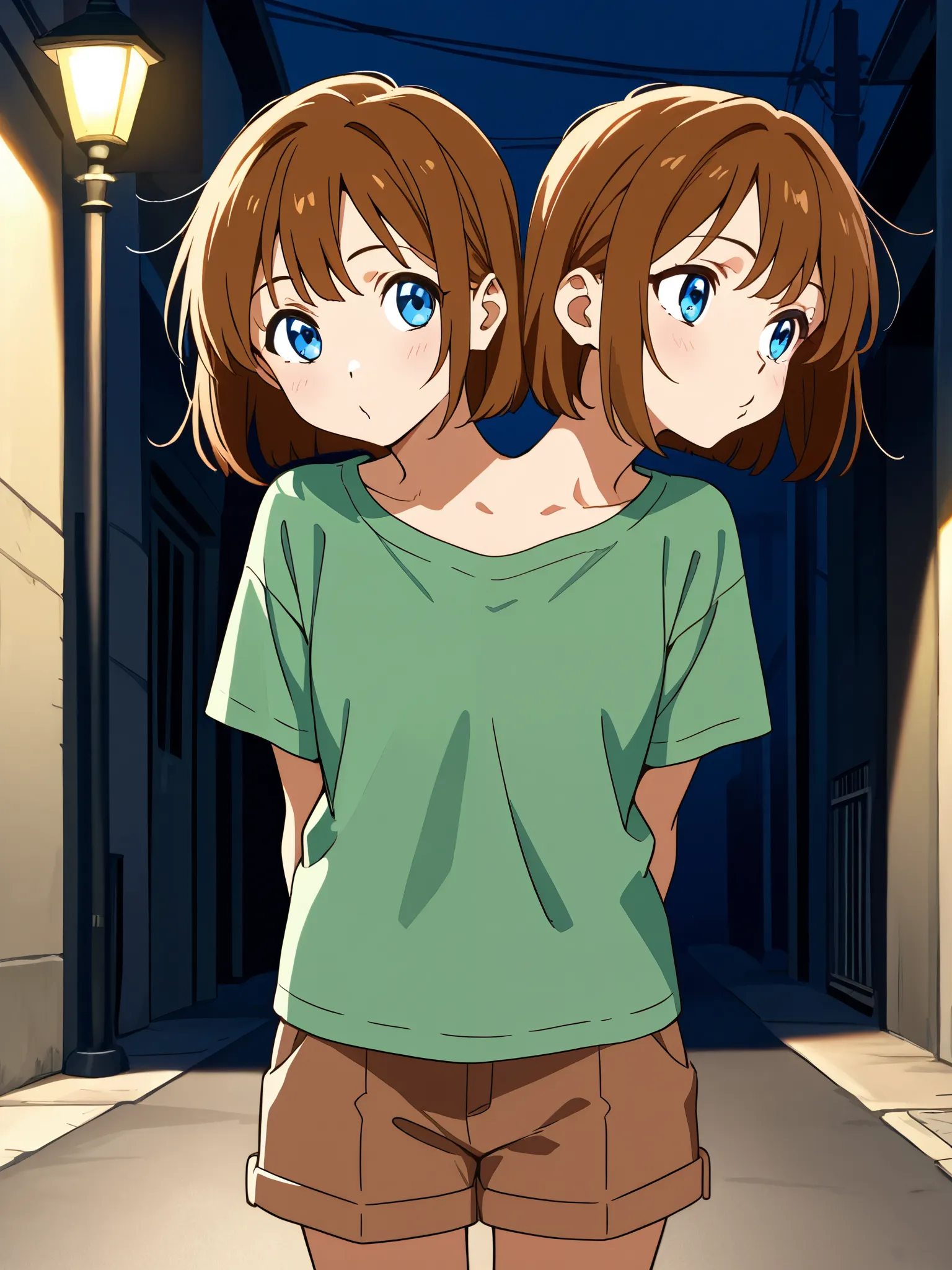 anime girl with two heads, long brown hair, blue eyes, green t-shirt, hands behind back, brown shorts, looking around, whistling, standing under a street lamp at night