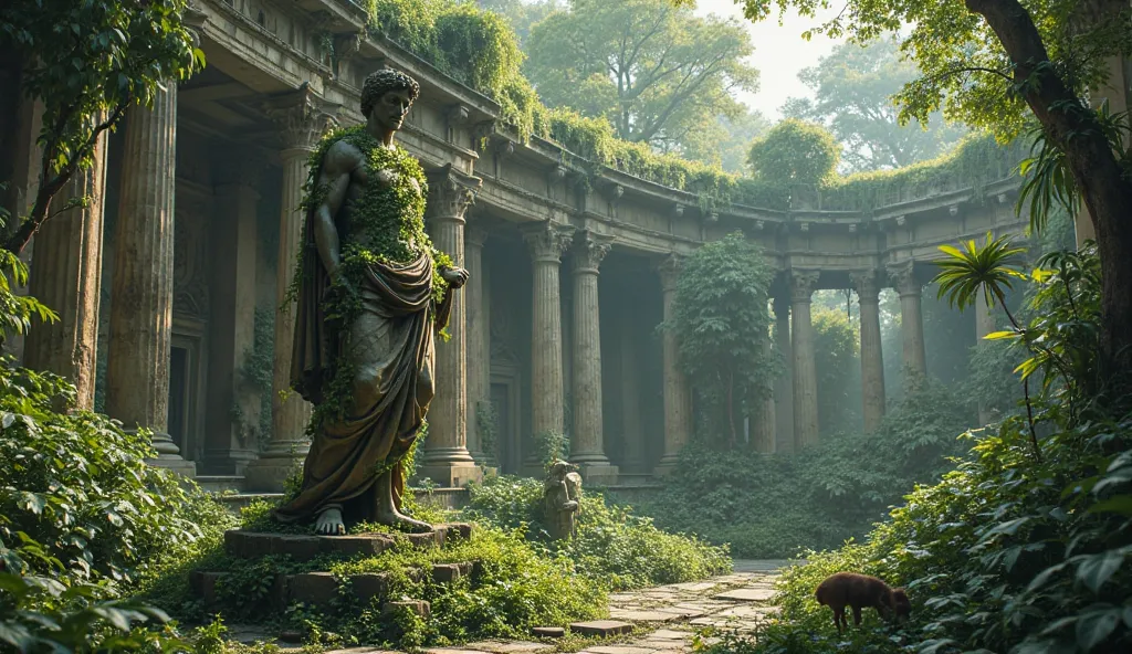 "A forgotten statue of Marcus Aurelius, covered in ivy and surrounded by the ruins of an ancient civilization, now overtaken by nature. Birds nest in the cracks, and wild animals roam freely, as the emerald jungle reclaims its throne."