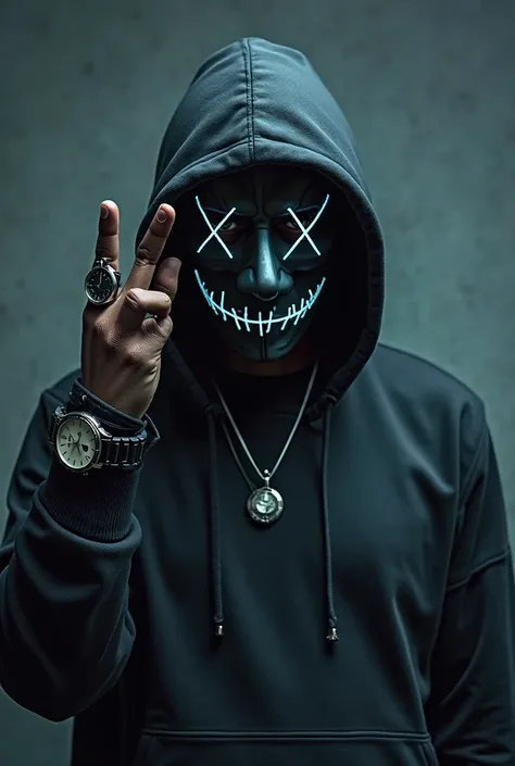 A person wears a hacker mask with his finger pointing to his ear, meaning listen, wears a necklace and a watch and wears his hands covered 