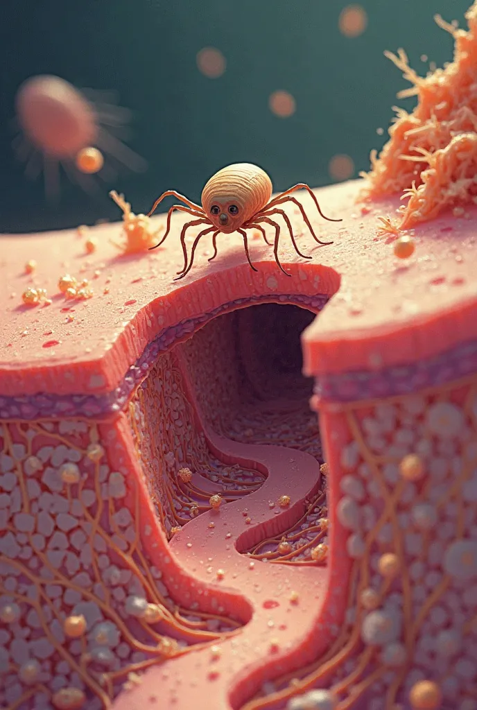 a sarcoptes mite tunneling through the skin in a traditional animation style 