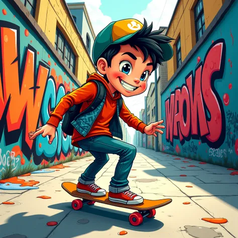 STREET ART & GRAFFITI COLORFUL ILLUSTRATION VECTOR AND BLACK LINE ART STYLE PLAYFUL BOY WITH WITH SKATEBOARD 