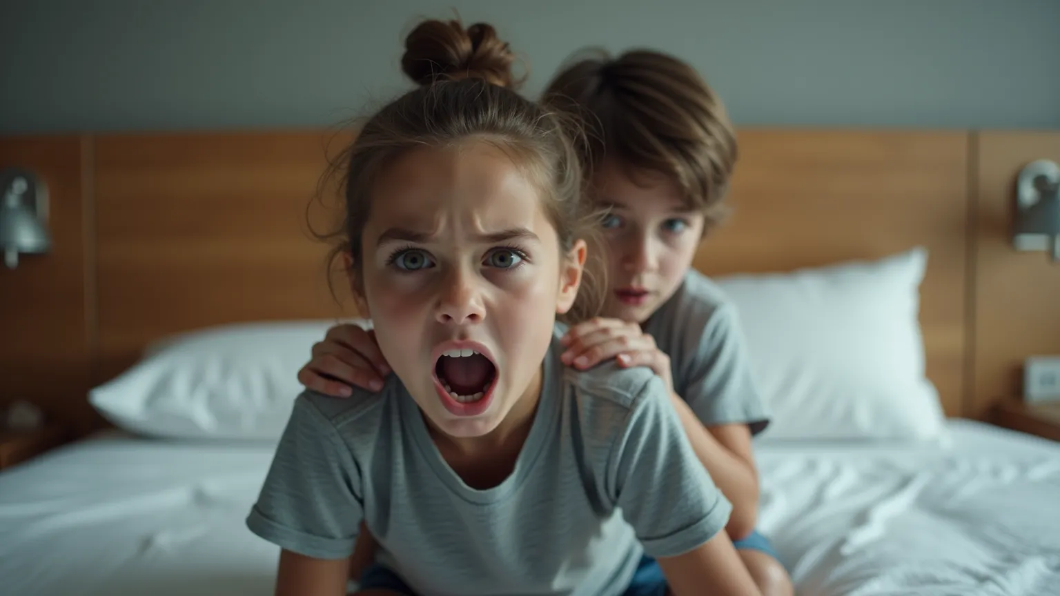 A young boy and his mother on a bed in a modern bedroom setting. The mother, wearing a casual gray t-shirt, has an intense expression, with her mouth open as if shouting or reacting to something. The boy, also in a gray t-shirt, is positioned behind her, p...