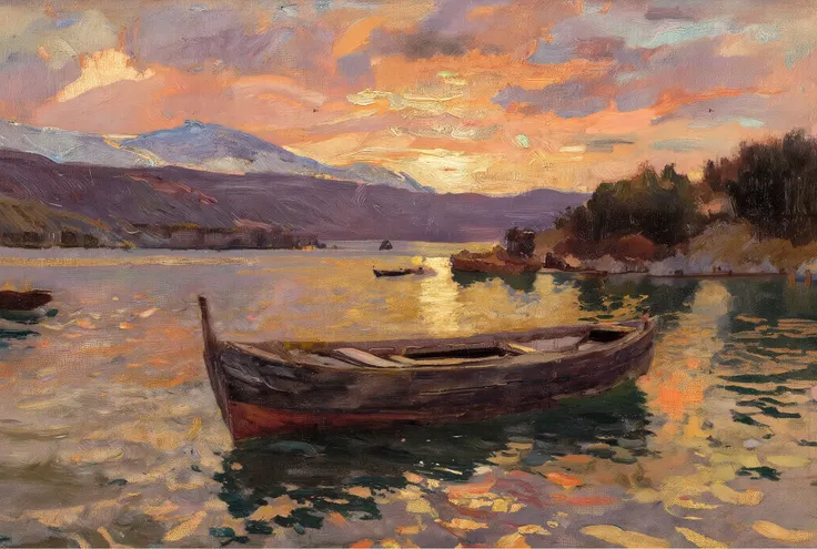 A stunning sunset over a tranquil mountain lake, where warm hues of orange, pink, and gold reflect on the shimmering water. A weathered wooden fishing boat rests peacefully, its reflection merging with the rippling waves. Majestic spring mountains in the b...