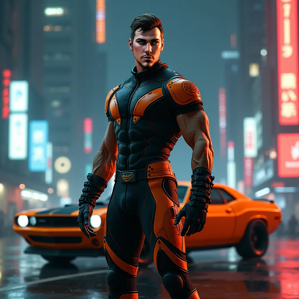 Muscular male defiant sci fi player, futuristic night neon city background, standing with sport car, retro-fütürist giyen, apocalypse, wearing tight spandex sports uniform in black and orange, scifi, fantasy, donnato Giancola tarafından sanat eseri, Greg R...