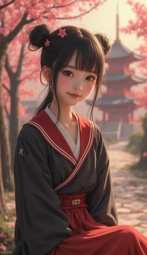 beautiful chinese girl, black hair, two buns, mexican high school scholar uniform, realistic portrait, highly detailed face, delicate facial features, warm expression, sitting pose, outdoors, cherry blossom trees, pagoda temple in background, golden hour l...