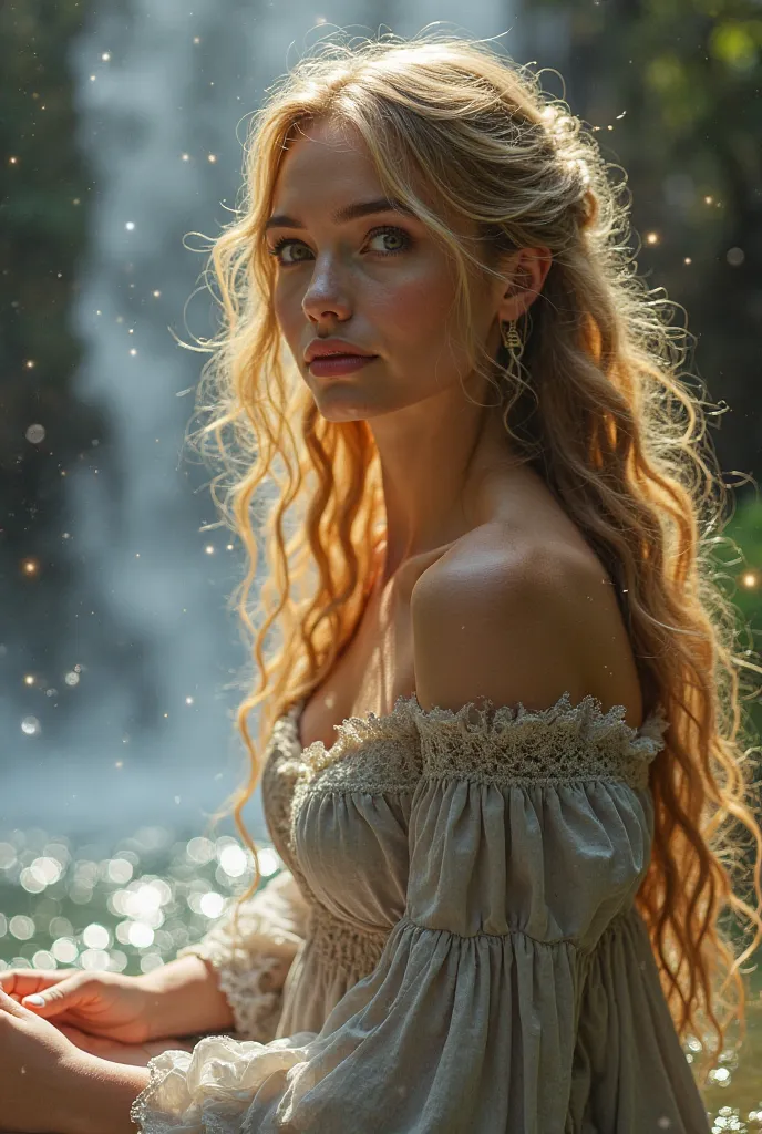 Want to create an image of a beautiful woman, a sexy face, long golden hair, sparkles, long curls, braids on two sides, big round eyes, light brown with a light shimmer, rosy lips, a powerful look, a beautiful bust, a waist, a neck, a long-sleeved dress, a...