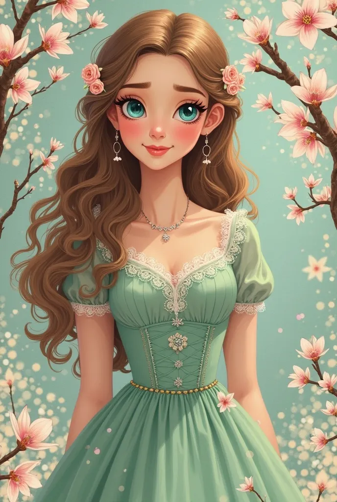 This image contains the following elements:
-、 It shows a young woman drawn in an animated style。 she has long curly hair、  Big Blue Eyes  。 The costume is a vintage style mint green dress 、 decorated with lace and flowers 。Blossoming branches are visible ...