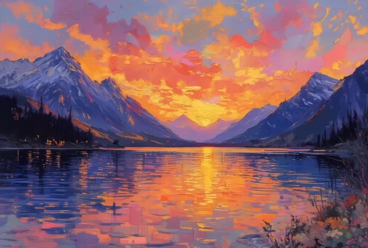 A breathtaking sunset over a serene mountain lake, where warm hues of orange, pink, and gold melt into the rippling water. Towering spring mountains rise in the background, their peaks softened by a gentle evening haze. The vibrant sky reflects on the lake...