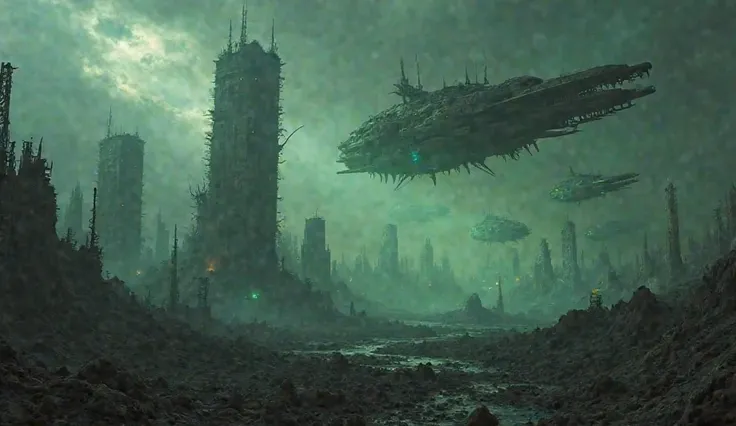 A vast, ruined Earth landscape stretches under a dark, stormy sky. Crumbling skyscrapers tilt amidst ash-covered ruins, their skeletal frames barely standing. Alien warships with jagged, menacing designs hover in a dense armada, casting eerie green light o...