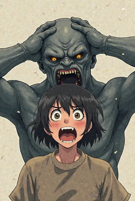 Anime style drawing of a woman screaming out of fear,short black hair with bangs,brown eyes,behind her is a grey-skinned human monster with his hands behind his head about to catch her