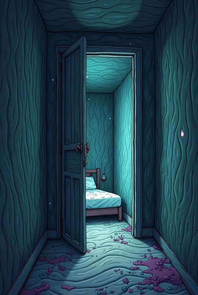 HAUNTING CARTOON IMAGE OPENING THE DOOR TO THE RUBBER BEDROOM AT NIGHT WITHOUT PEOPLE