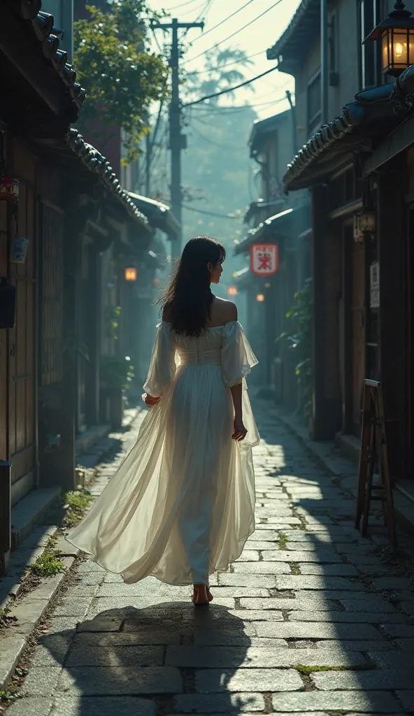 Japanese woman in a long white dress entering a dark street on a sidewalk in Japan,  ultra real and professional images