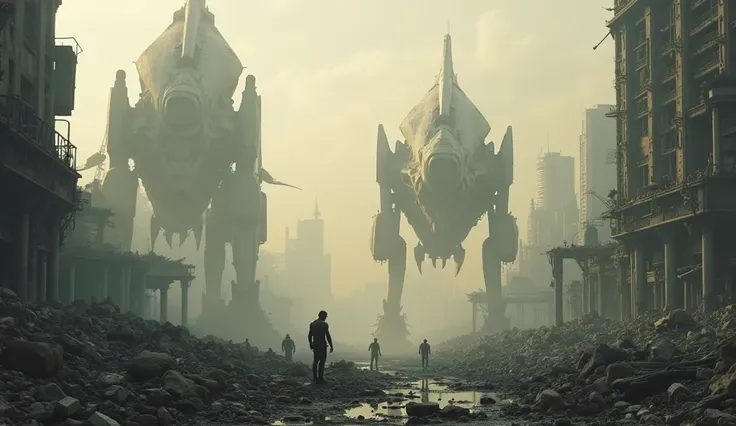 A destroyed city lies in ruins, its once-tall buildings reduced to twisted metal and dust. Alien war machines with sleek, dark hulls loom in the background, their jagged shapes piercing a smoky horizon. Faint human silhouettes stand defiantly amidst the wr...