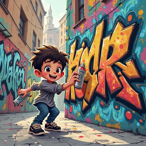 PLAYFUL BOY WITH SKATEBOARD AND SPRAY CANS MAKING Mural of vibrant street art graffiti  COLORFUL graffiti STYLE ILLUSTRATION VECTOR AND BLACK LINE ART graffiti STYLE 