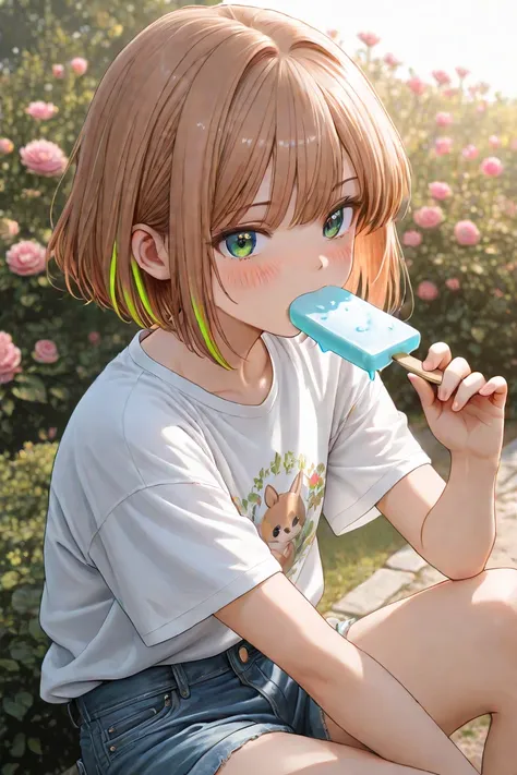 light brown hair、short bob、green eyes、large white t-shirt、denim shorts、garden、Eating a popsicle、tsundere