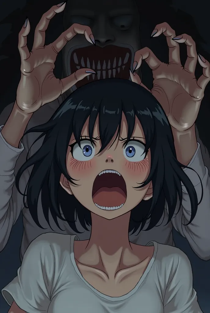 Anime-style drawing of a woman screaming in fear,short hair with bangs and black color,brown eyes,with claws behind her head trying to grab her gray-skinned and sharp claws,dripping blood 