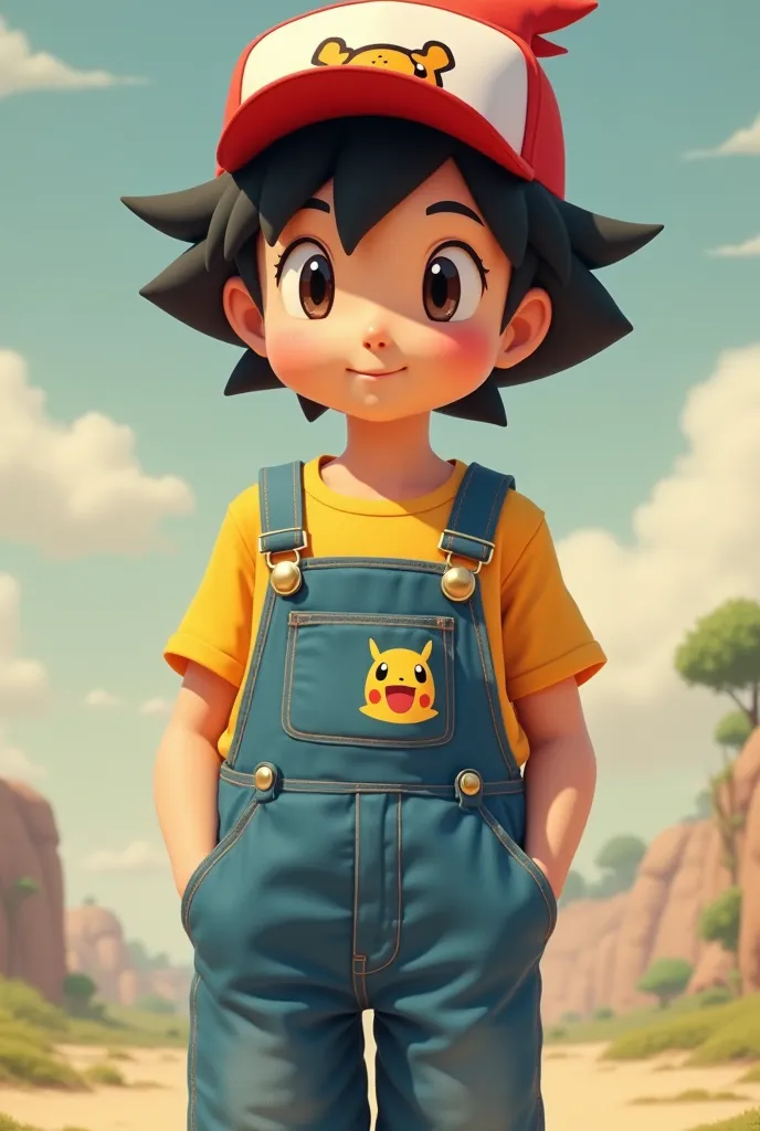 young boy Ash Ketchum can you believe I'm wearing Osh Kosh B' Gosh overalls? logo on front pocket feet shirtless