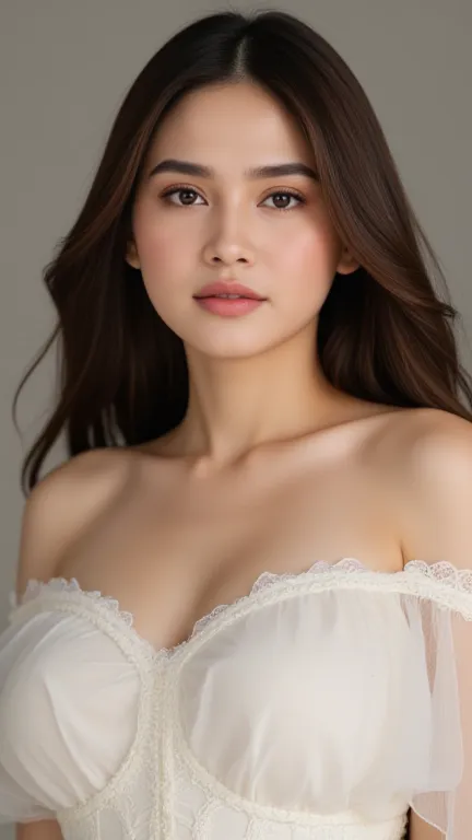 A delicate and beautiful filipina woman, dhe has long brown hair, olive skin, big and expressive eyes, heart shaped face, plump lips. She is wearing a lovely white dress 