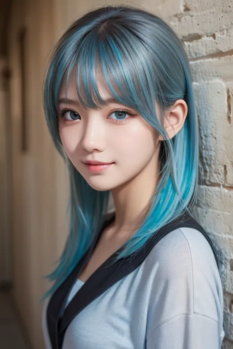 (Masterpiece), ( top quality), ( ultra detail ),(  dischevel hair ),( illustration), ( One Girl ),  is standing, smile,   beautiful eyes in every detail  ,  light blue eyes ,  detailed beautiful face,  faces ,   ponytail,  light blue hair,   detail hair on...