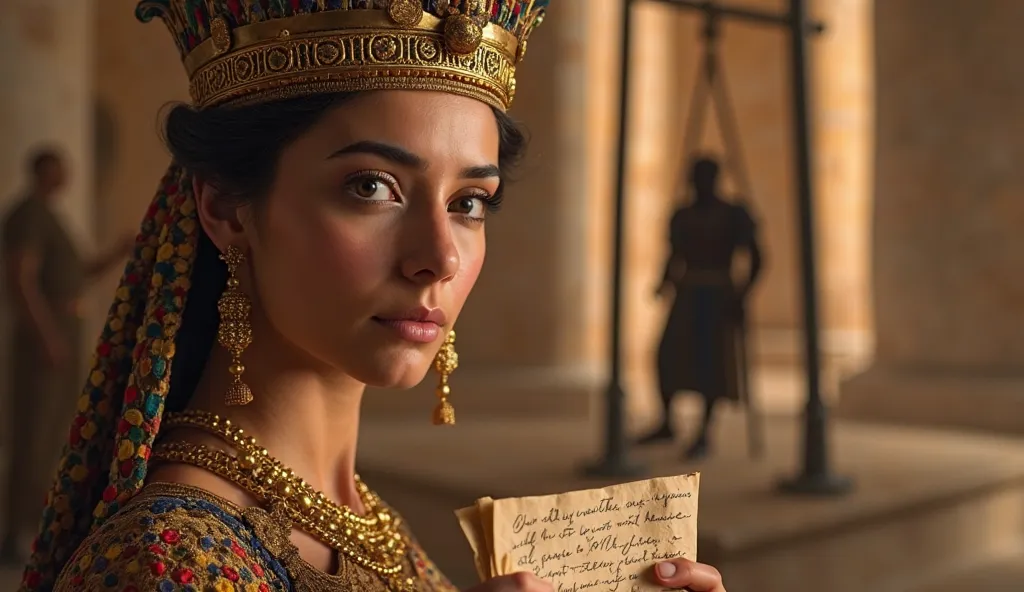 create in the foreground, an ultra-realistic image of the face of a 25-year-old queen looking directly at the camera and in the background a luxuriously dressed king wearing a fine gold crown, the queen has in her hands a letter written on papyrus, in the ...