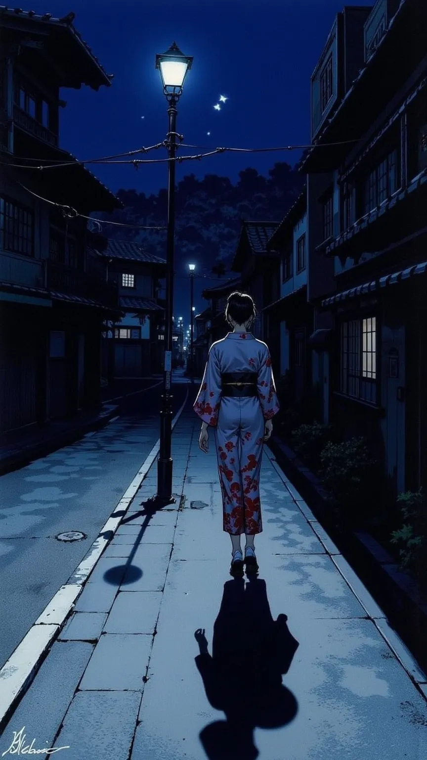 streetlights A woman in a kimono and a shadow stretching out underneath, extending to viewers １Two Shadows,drawing small characters、the shadows extend long on the ground,brightens the part where the light hits、drawing the shadow part with deep darkness,Str...