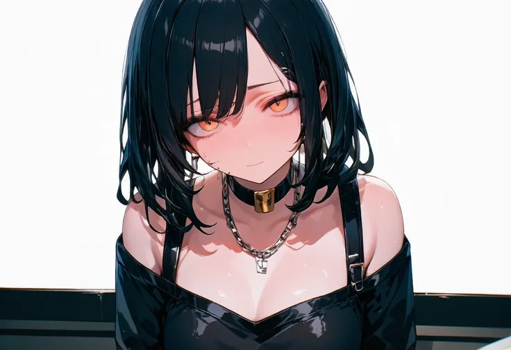 masterpiece, best quality, 8K wallpaper, pixiv contest winner,  super detailed illustration , one girl, low angle,  black hair, (((flat color))), simple background, cyberpunk style, armpits, Off Shoulder, suspenders