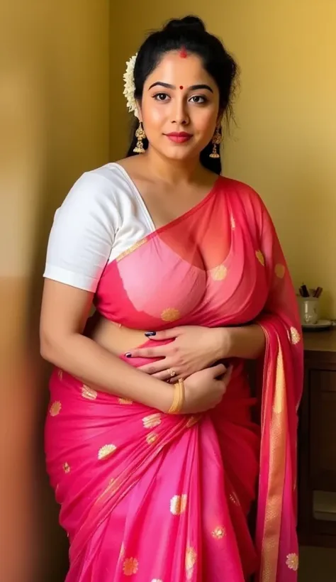 Front and side isometric view,Knee length photo of an Indian volptous thick milf standing in pose, looking at camera, with lust in her eyes, black hair tied around, jasmin flowers in head,sandal mark on forehead, sindhur on forehead (vermilion mark on fore...