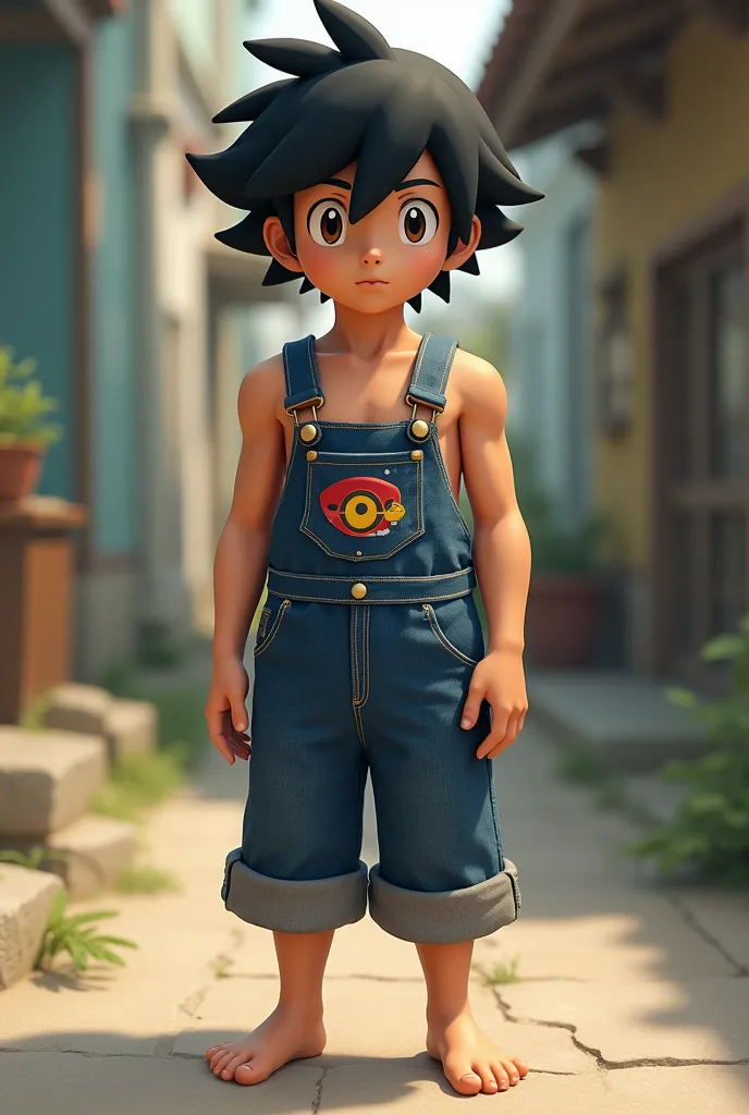 young boy Ash Ketchum can you believe I'm wearing Osh Kosh B' Gosh overalls? logo on front pocket shirtless feet 