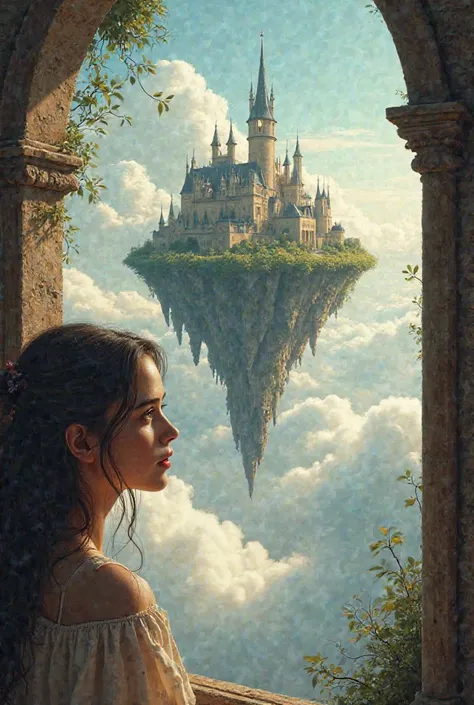 Draw a medieval sky island without the bottom of the screen being sharp, Picture a young woman sticking her head out of the window and looking towards Sky Island in the lower left corner