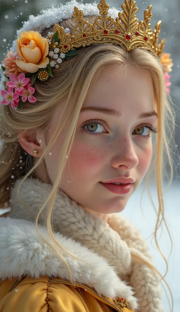 close-up of a better masterpiece:1.5)0.9], (Flower Garden and Queen's Picnic:1.2) ( Scattered Gold Hair:1.1) (Heterochromia Yellow and Green Eyes:1.2) (Queen Outfit :1.0) (Colorful stars in the snow:1.0) (Shining brilliance:1.1) (thick lips:0.9)