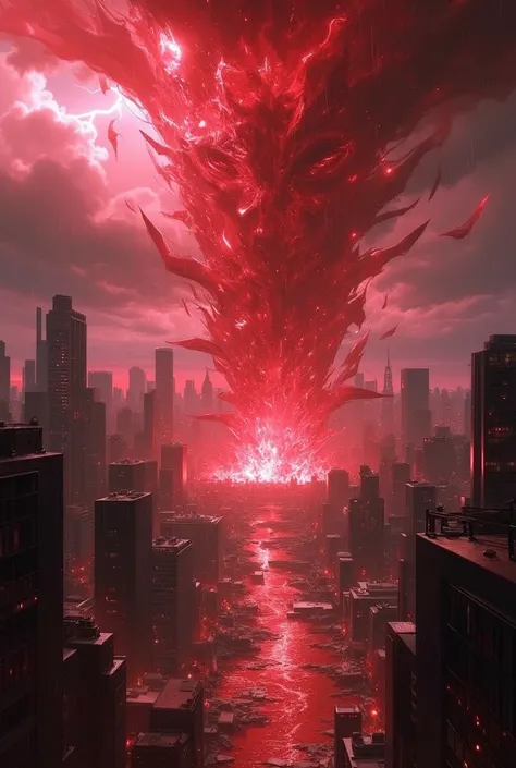 a storm of red glass, destroying a city, storm and lightning