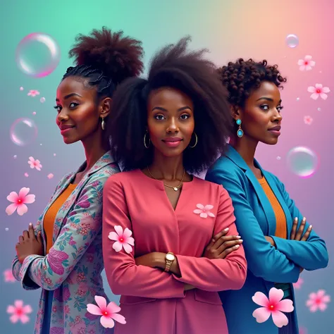 The composition must feature three black women representing different ages and styles: a young woman with braids decorated with African fabrics, a woman with folded arms wearing red with loose curly hair and an executive with a blue blazer and a confident ...