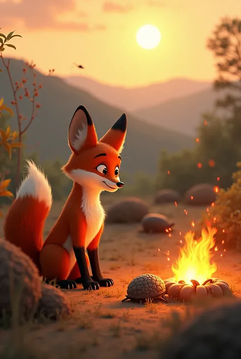 The fox sees 2 tatú passing in the distance and begins to stoke the fire.